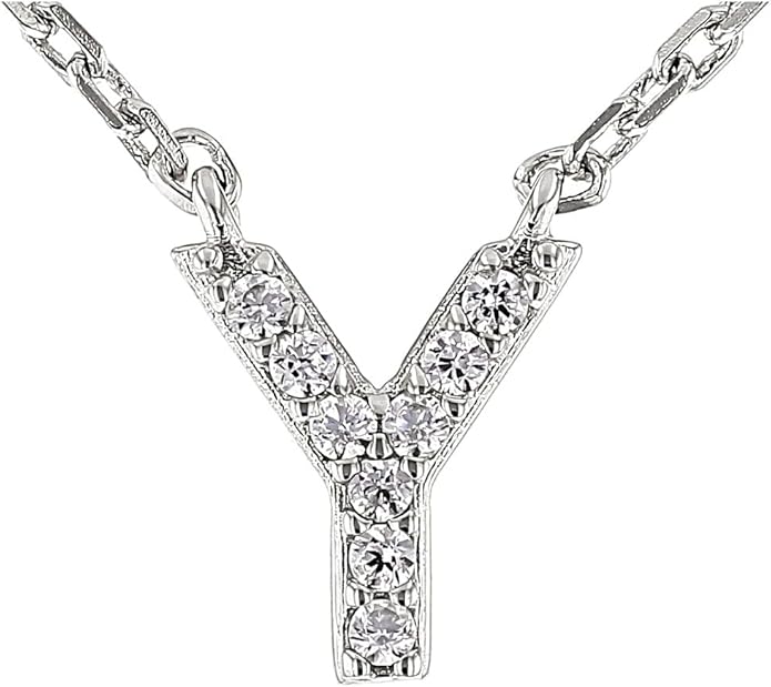 JTV Sterling Silver Initial Necklace for Women, 0.13 CTW White Cubic Zirconia Letter Pendant, Rhodium-Plated, Personalized Monogram Jewelry, Gift Box Included, 18”