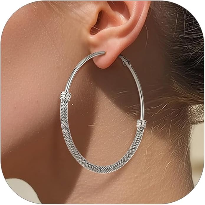KeyStyle Mesh Hoop Earrings for Women, Stainless Steel Gold Hoops Earring Lightweight Loops, 2MM Thick Hypoallergenic Circle Endless Hollow Hoop 20mm-80mm