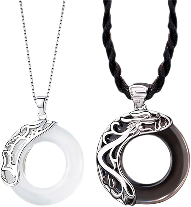 2Pcs Couple Matching Necklace for Men Women Vintage Angel and Demon Couple Necklace Sun Moon Star Pendant Necklace Dragon Phoenix Necklace Black White Round Glass Necklace Birthday Valentine's Day Jewelry