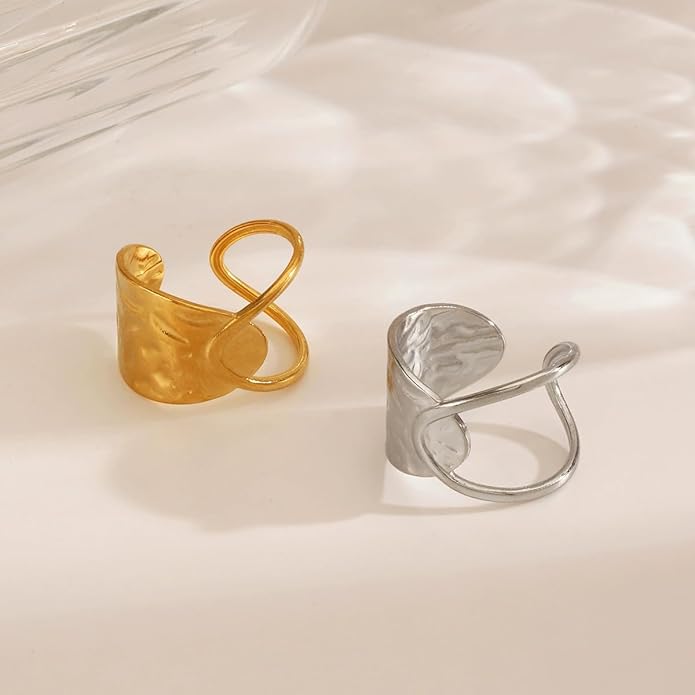 Chunky Rings For Women, Gold Silver Thumb Ring Asymmetrical Wavy Curve Ring Adjustable Non Tarnish Dainty Stainless Steel New Year Anniversary Birthday Jewelry Gift