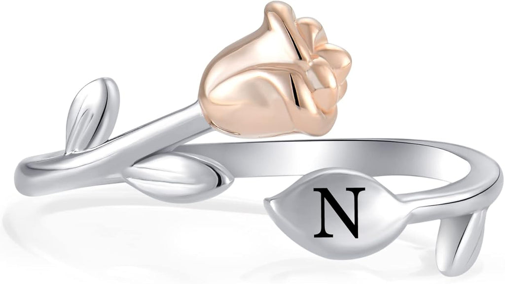 STARCHENIE Rose Initial Ring for Women 925 Sterling Silver Letters A-Z 26 Alphabet Adjustable Ring Size 7