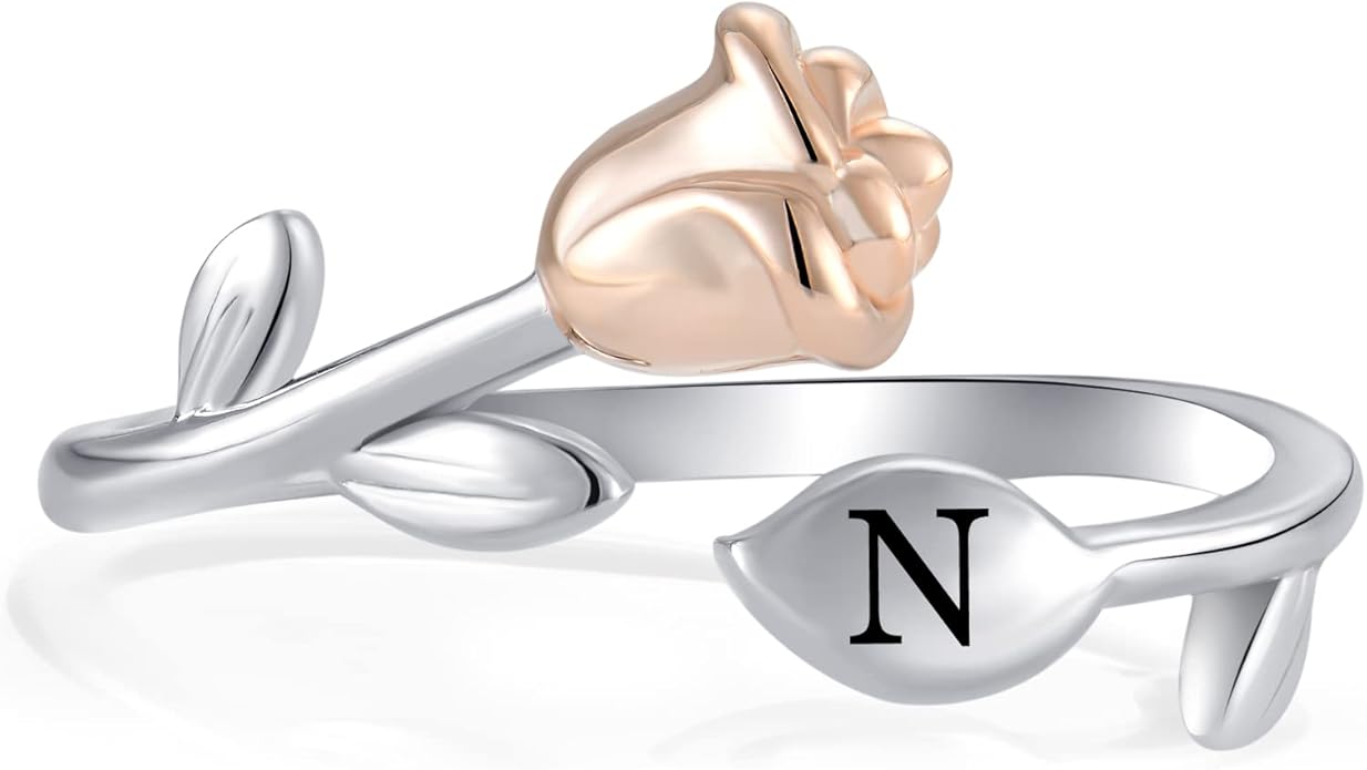 STARCHENIE Rose Initial Ring for Women 925 Sterling Silver Letters A-Z 26 Alphabet Adjustable Ring Size 7