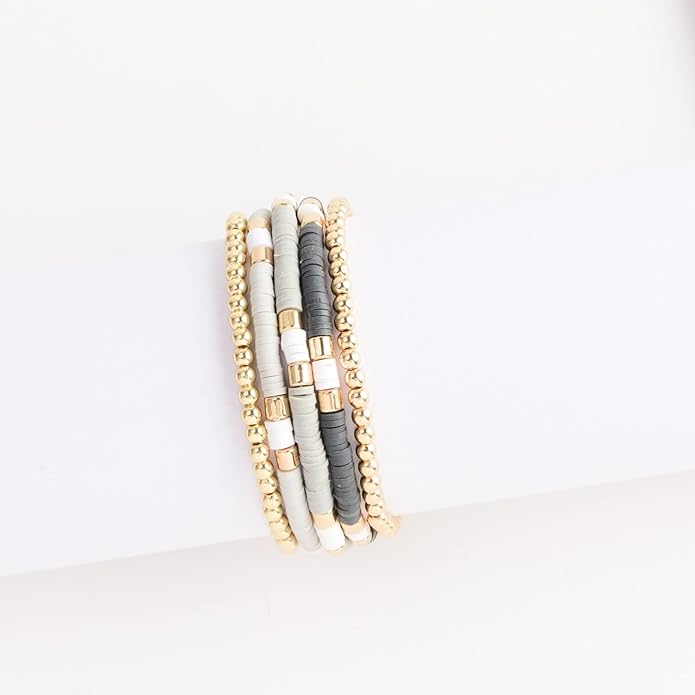 GOOJIDS Surfer Heishi Clay Bead Bracelets for Women Bohemian Stackable Gold Plated Beaded Stretch Bracelets Elastic Layering Friendship Bracelets Set Boho Jewelry