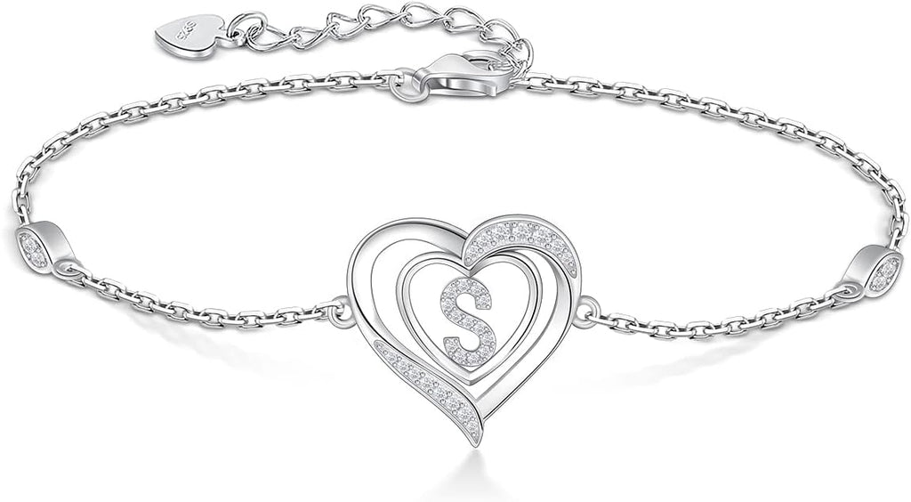 RIVIKO Heart Initial Bracelets for Women,925 Sterling Silver Letter Bracelets, Personalized Charm Alphabet Jewelry Valentines Christmas Mother’s Day Birthday Gifts for Women Friend Her Mom Wife Lady