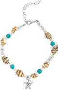 BESHEEK Blue Turquoise Conch Shell and Silver-Color Starfish Artisan Beaded Anklet with Extension | Adjustable Handmade Hypoallergenic Beach Tropical Style Jewelry