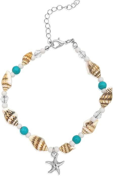 BESHEEK Blue Turquoise Conch Shell and Silver-Color Starfish Artisan Beaded Anklet with Extension | Adjustable Handmade Hypoallergenic Beach Tropical Style Jewelry