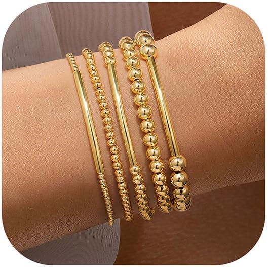 Yoosteel Valentines Day Gifts for Her Kids Teen Girl - 14K Gold Plated Dainty Round Beaded Ball Pearl Cross Bracelet Stack Set for Women Trendy Non Tarnish Teenage Girls Stackable Jewelry Gift