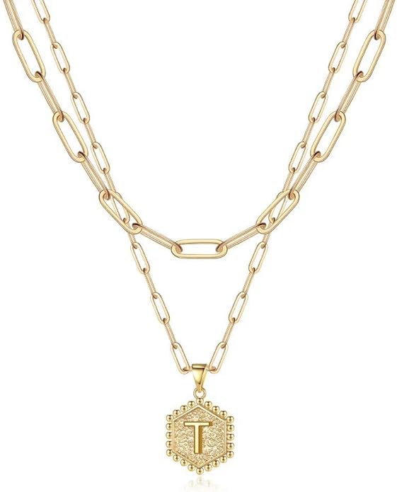 M MOOHAM Valentines Gifts for Women Teen Girls, 14K-Gold-Plated Initial Necklaces for Women Cute Hexagon Letter Initial Necklace Layered Necklaces for Womens Teen Girl Valentines Jewelry Gifts