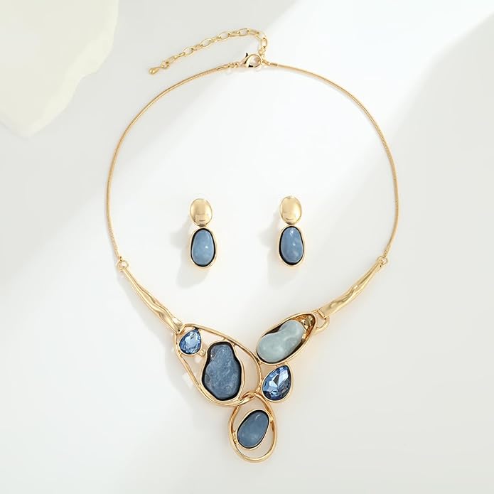 Chunky Statement Jewelry Set Blue Ocean Seashell Choker Necklaces Earrings Set for Women Pearl Bib Collar Necklaces for Party Prom Pageant Summer Fashion Jewelry Unique Birthday Gift