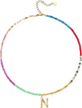 Beaded Initial Necklace for Women, Boho Natural Stone Semi-Precious Stone 18K Gold Plated Letter Pendant Rainbow Colorful Trendy Alphabet Dainty Choker Jewelry for Women Summer Beach Party