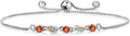 Gem Stone King 3-Stone Adjustable Bracelet for Women | 925 Silver and 10K Yellow Gold | Gemstone Birthstone and Lab Grown Diamond | Round 3MM | Two-Tone Adjustable Tennis Bracelet Up to 9 Inch