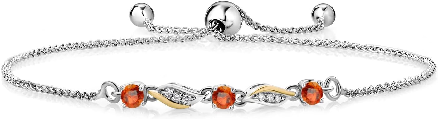Gem Stone King 3-Stone Adjustable Bracelet for Women | 925 Silver and 10K Yellow Gold | Gemstone Birthstone and Lab Grown Diamond | Round 3MM | Two-Tone Adjustable Tennis Bracelet Up to 9 Inch