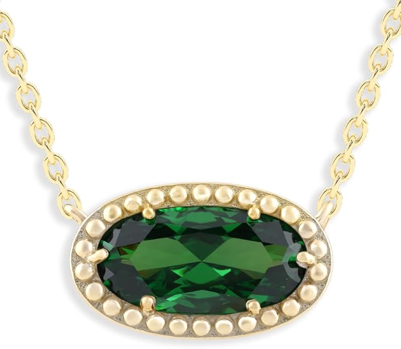Belacqua Gemstone Necklace in 14K Gold Plated Sterling Silver, Oval Pendant Size 6 * 12mm, 15" Cable Chain with 2" Extender, Spring Ring Clasp, Dainty Birthstone Necklace for Women, Gift Box Included