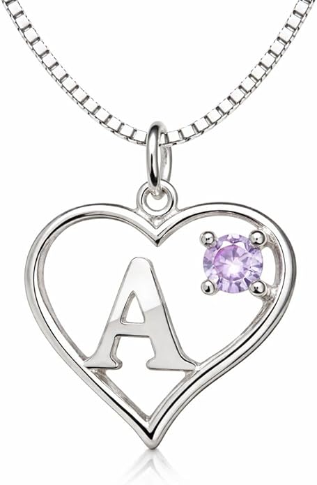 Silver Sterling Necklace Initial Letter A-Z Birthstone for Women – Personalized Custom Jewelry Pendant with Heart Design Customized Dainty Charm for Wife Girlfriend Mom – 18" Box Chain