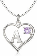 Silver Sterling Necklace Initial Letter A-Z Birthstone for Women – Personalized Custom Jewelry Pendant with Heart Design Customized Dainty Charm for Wife Girlfriend Mom – 18" Box Chain