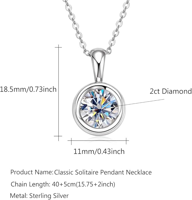 Classic 2 Carat Round Cut Diamond Pendant Necklace in Sterling Silver, Bezel-Set White Diamond, Diamond Jewelry for Women