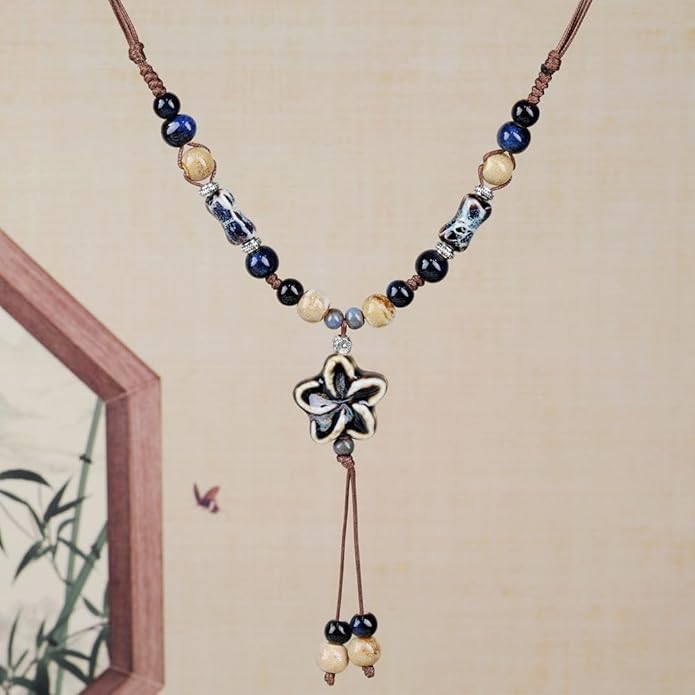 Boho Style Colorful Ceramic Bead Strand Necklace Adjustable Bohemian Jewelry Gift for Women, Fashion Clothing Matching Necklace