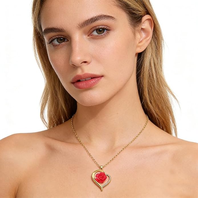 ONLYJUMP Rose Alloy Necklace for Women Heart Pendant Copper Zircon Light Luxury Fashion Jewelry Dainty Romantic Statement Necklace for Daily Wear Ideal Valentine's Day Anniversary Birthday Gift