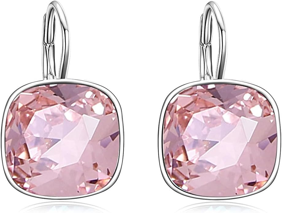 AOBOCO Sterling Silver Leverback Earrings Embellished with Crystals from Austria, Hypoallergenic Cushion Cut Square Crystal Earrings, Fine Anniversary Birthday Jewelry Gifts for Women