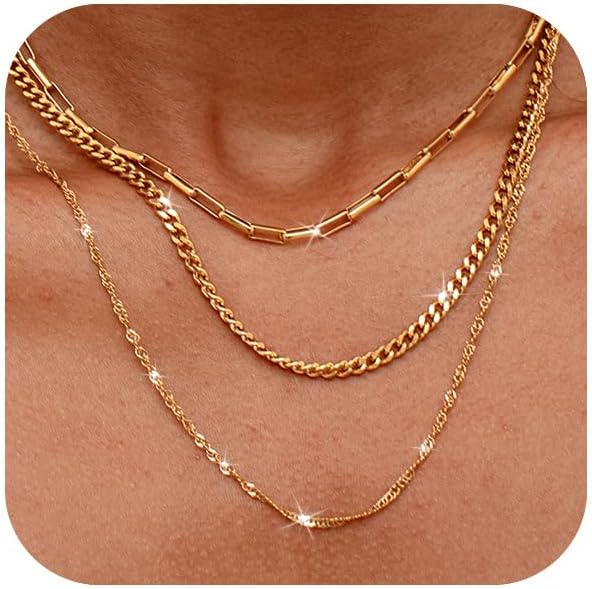 3PCS Gold Necklaces for Women,Chunky Statement Gold Plated Necklace Stack Layered Sterling Silver Herringbone Chains for Women Dainty Trendy Silver Chains Stacked Jewelry Gifts
