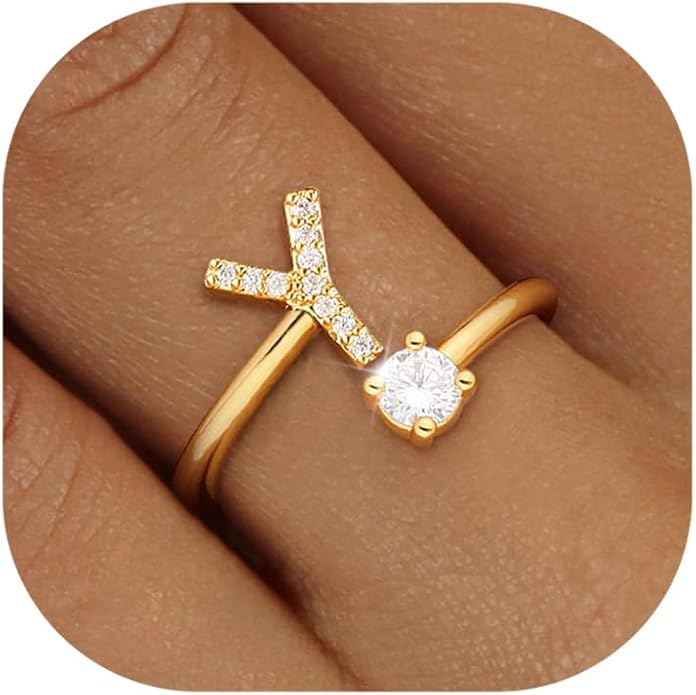 Valentines Day Gifts Gold Silver Initial Rings for Women Non Tarnish Dainty 14k Gold Plated Stackable Rings for Women Trendy Adjustable Letter Cubic Zirconia Pinky Ring Cute Open Birthday Gift Jewelry