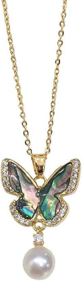 Pearl Pendant Necklaces for Women Gold, Elegant Gold butterfly Necklace for Formal Occasions-Freshwater Cultured Pearl