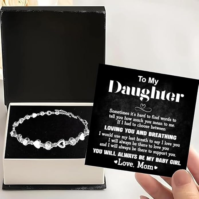 To My Daughter Bracelet, Silver Heart Chain Bracelet with Shiny Stones, Perfect Birthday or Graduation Christmas Gift for Daughter with Message Card Gift Box