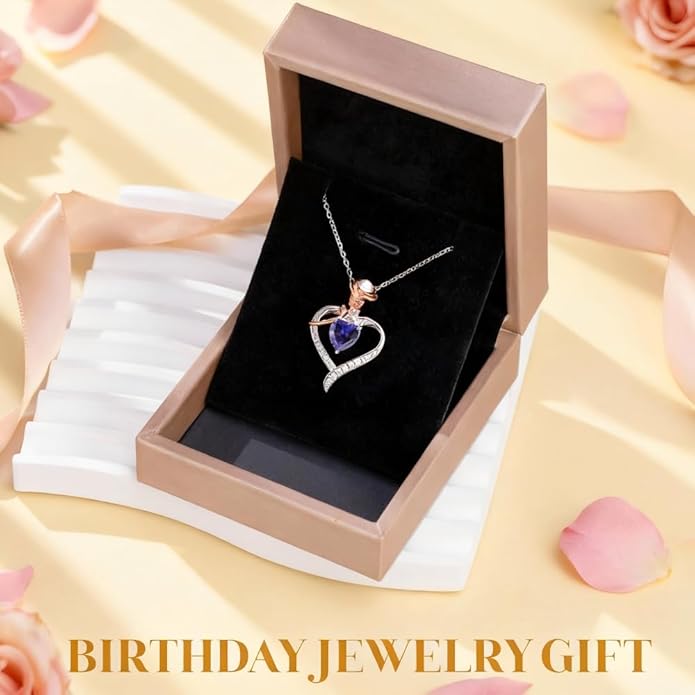 immobird Rose Gold Heart Necklace Birthstone Jewelry Sterling Silver Jewelry Plated White Gold Valentine's Day Gift Women for Wife Mom Necklace for Women