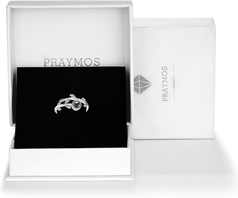 PRAYMOS 925 Sterling Silver Leaf Ring White Opal Moonstone Rings Adjustable Open Ring for Women with Jewelry Box Size 7-9