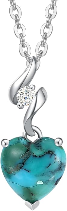 AGVANA Valentines Day Gifts 14K Solid White Gold Diamond Gemstone Pendant with Sterling Silver Chain 8mm Heart Birthstone Necklace Fine Jewelry Anniversary Birthday Gifts for Women Mom Wife