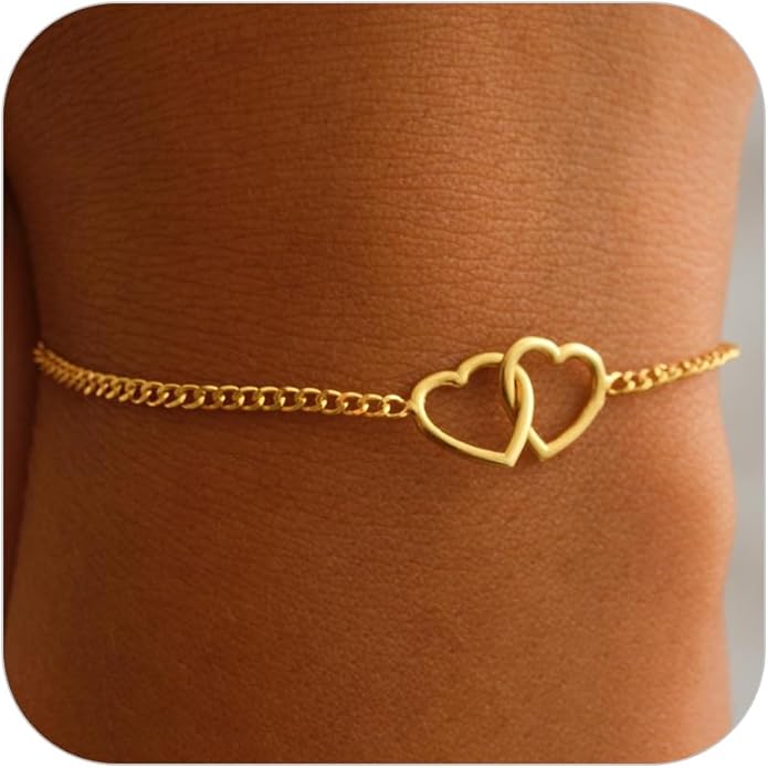 SLOONG Valentines Day Gifts for Her Gold Pearl Bracelets, 18K Real Gold Plated Dainty Stackable Snake Chain CZ Heart Pendant Bracelets, Layered Waterproof Jewelry Gift for Women Adjustable 6"+2"
