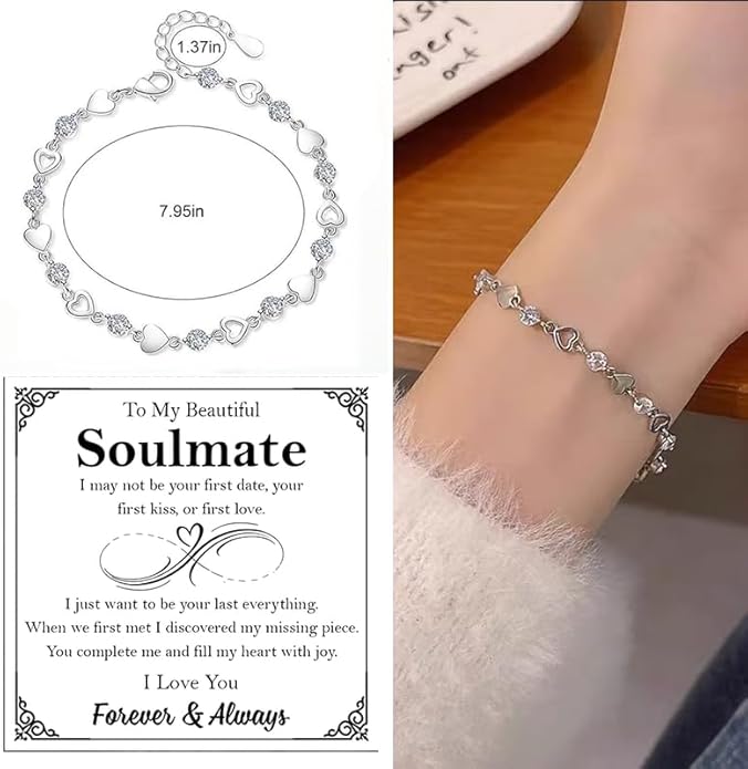 To My Soulmate Bracelet for Women, Heart Chain Bracelet with Shiny Stones, Perfect Birthday or Anniversary Christmas Gift for Soulmate with Message Card and Gift Box