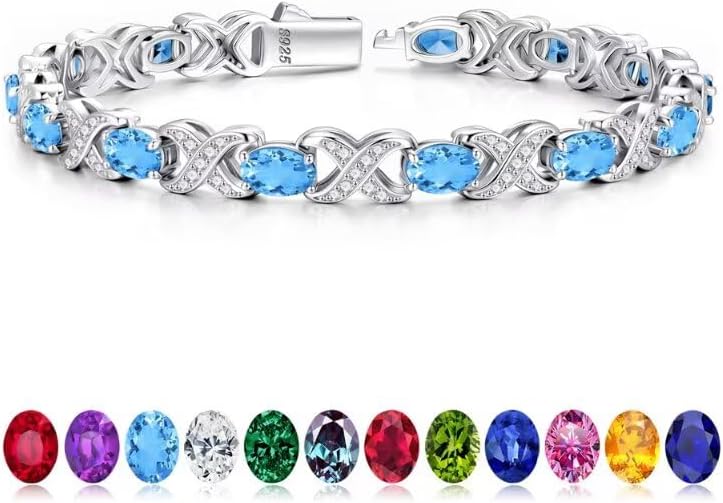 Iefil Valentines Day Gifts for Her, Oval Birthstone Tennis Bracelets for Women Wife Unique X O Design Fine Jewelry Anniversary Birthday Gift 925 Sterling Silver Birthstone Jewelry for Mom Girlfriend