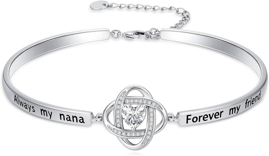Valentines Day Gifts for Her, 18k White Gold Plated Love Knot Bracelets, Engraved Inspirational and Sentiment Bangle, Anniversary Birthday Jewelry Gift for Lover Wife Girlfriend Sister Friends