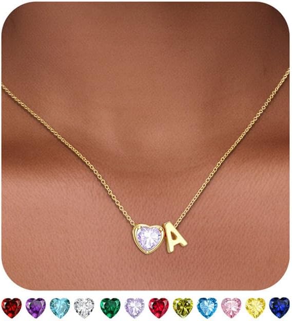 Valentines Day Gifts for Her- Heart Birthstone Initial Necklace for Women Girls,14K Gold Plated Heart Letter A-Z Necklace Birthday Trendy Jewelry Gifts for Women Girls Daughter
