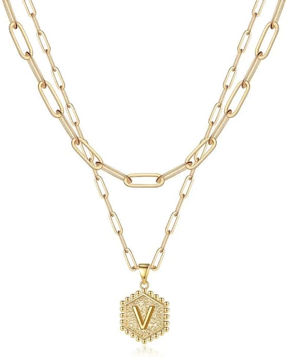 M MOOHAM Valentines Gifts for Women Teen Girls, 14K-Gold-Plated Initial Necklaces for Women Cute Hexagon Letter Initial Necklace Layered Necklaces for Womens Teen Girl Valentines Jewelry Gifts