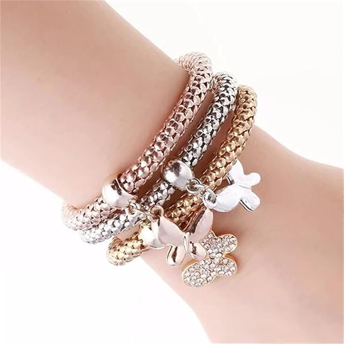 Crystal Charms Multilayer Bracelets - 3PCS Gold/Silver/Rose Gold Corn Chain Bracelet for Women, Tree of Life Heart Shaped Stretch Bracelet