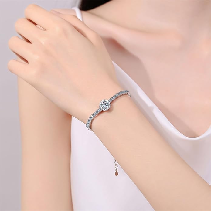14K White Gold Over S925 Sterling Silver 2.4ct VS1 D-color Round/Square Cut Diamond Adjustable Bracelet for Women, Simple and Stylish Design with Full Shinning Gemstone Encrusted Detail