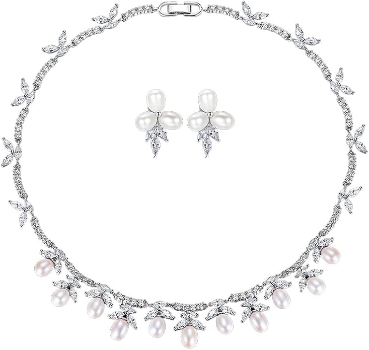 Women's Bridal Jewelry Set, 14K Gold Freshwater Pearl & Crystal, Choker Necklace & Drop Earrings, Elegant Wedding Fashion Ensemble