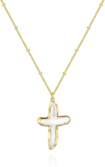 Zeffy 14K Gold/Silver Plated Chunky Thick Chain Toggle Clasp Necklace Dainty Baroque Pearl/Heart/Cross/Turquoise Pendant Necklace