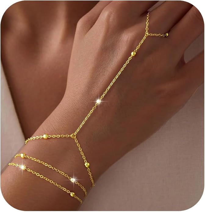 Yoosteel Hand Chain Bracelet for Women - Valentines Gifts Dainty 14K-Gold-Plated Finger Ring Hand Chains Layered Trendy Link Bracelets Jewelry Gift for Women