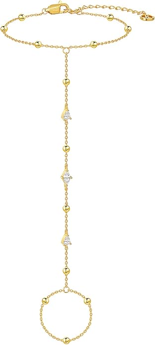 Cicy Bell Hand Chain 18k Gold Plated Bracelet for Women Trendy Teardrop Cubic Zirconia Adjustable Finger Ring Slave Dainty Bracelets Jewelry Gifts