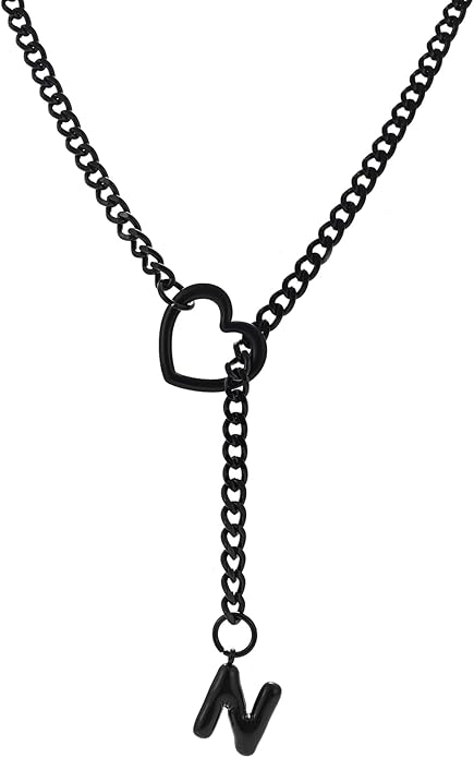 Black Heart Slip Chain Initial Necklaces for Women,Stainless Steel O-Ring Adjustable Lariat Heart Y-Necklace,Punk Gothic Cuban Collar Choker Necklace for women