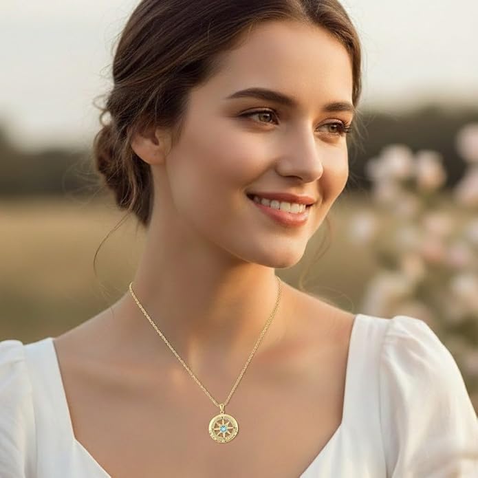 Compass Necklace for Women Wife Girlfriend Mom Daughter Gifts S925 Sterling Silver Jewelry For Anniversary Rose Gold Gifts For Birthday Christmas Mothers Valentines Day 12 Birthstones
