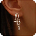 Dangle Earrings For Women,Dainty 14K Gold Plated Hypoallergenic Small Triple Huggie Hoop Earring Gothic Cute Cross Moon Star Drop Earrings For Women Trendy Gold Statement Stud Earring Jewelry