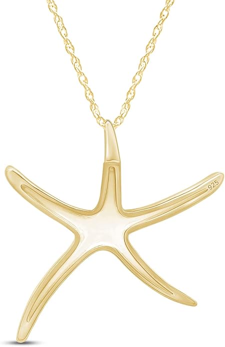 Starfish Charm Pendant Necklace for Women 14K Gold Plated 925 Sterling Silver Ocean Beach Jewelry with 18 Inch Rope Chain Summer Gift