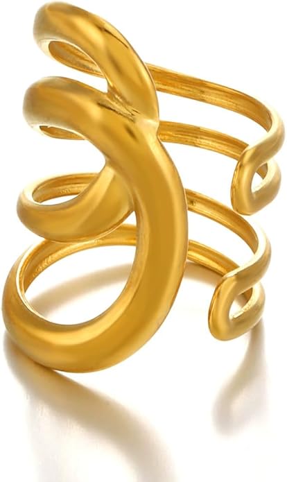 Chunky Rings For Women, Gold Silver Thumb Ring Asymmetrical Wavy Curve Ring Adjustable Non Tarnish Dainty Stainless Steel New Year Anniversary Birthday Jewelry Gift