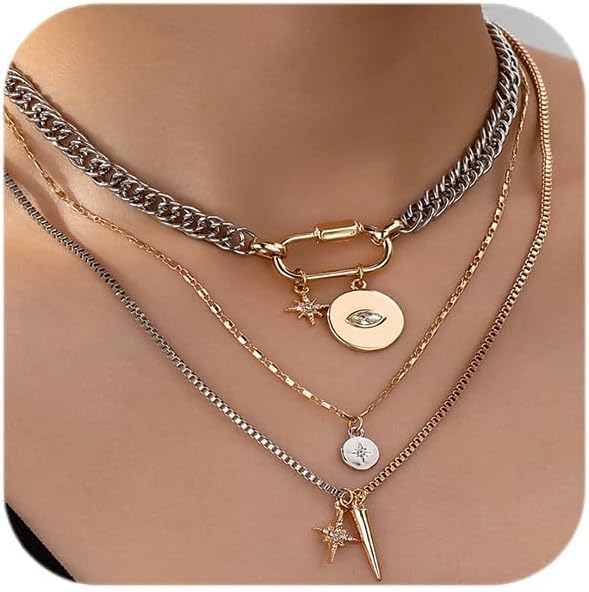 Gold Layered Necklaces for Women, 2PCS/3PCS Mixed Metal Necklace Set with Gold and Silver Necklace Chains with Evil Eye, Star & Spike Charms, Chunky Necklaces for Women & Necklace Stack Trendy Pendant Jewelry Birthday Valentines Day Gifts for Her