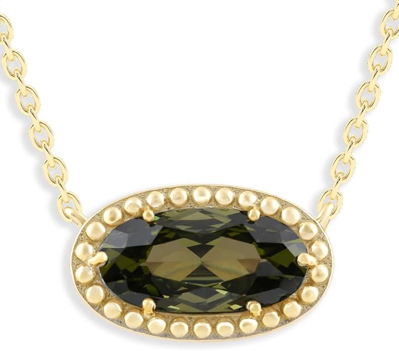 Belacqua Gemstone Necklace in 14K Gold Plated Sterling Silver, Oval Pendant Size 6 * 12mm, 15" Cable Chain with 2" Extender, Spring Ring Clasp, Dainty Birthstone Necklace for Women, Gift Box Included