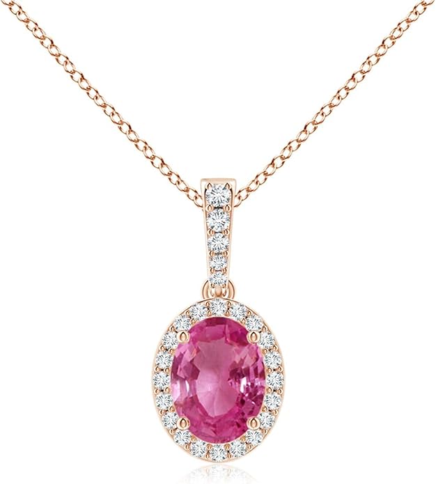Angara Natural Pink Sapphire Pendant for Women | Vintage Style Oval Pink Sapphire Halo Pendant in 14K Solid Gold/Platinum With 18" Chain | Birthday, Anniversary, Gemstone Jewelry Gift